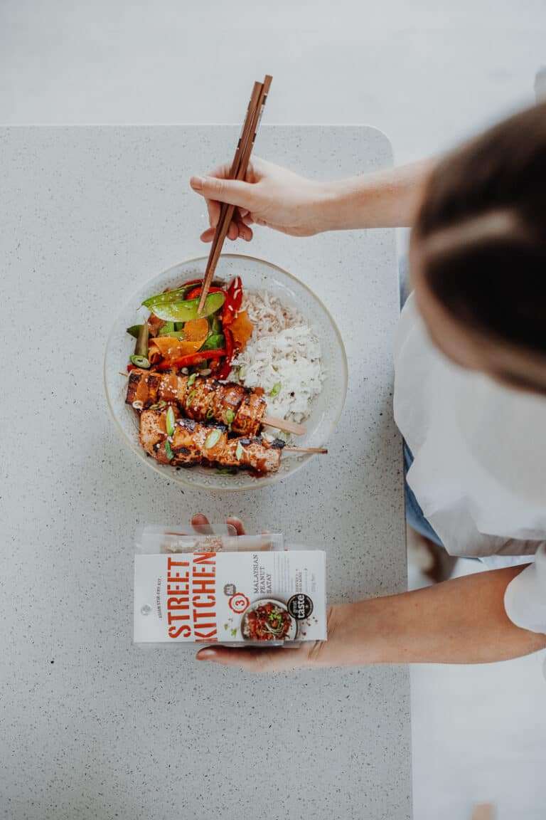 Rainbow Stir-Fry with Crisp Satay Tofu Skewers - Vegan, GF & Healthy! Georgie Eats.