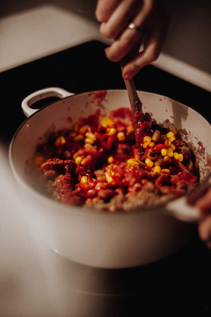 Stirring the Mixed-Bean Veggie Chilli
