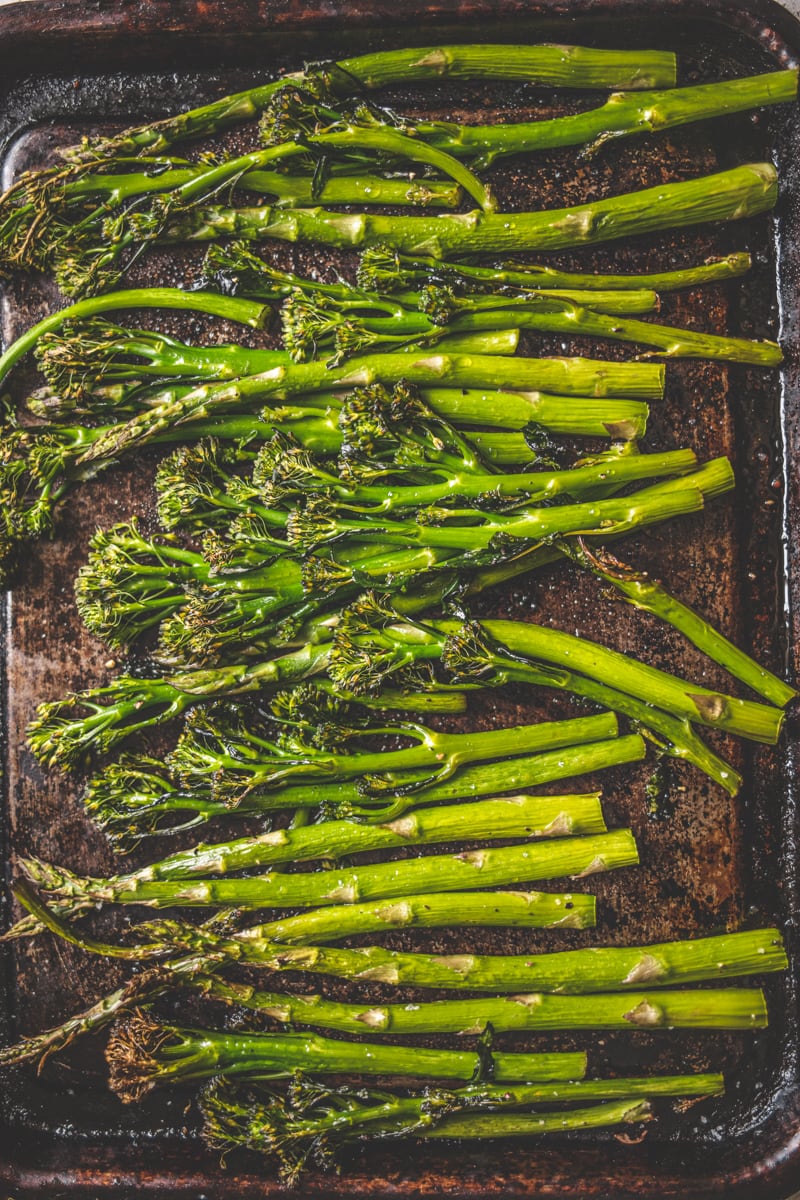 Roasted broccoli on a baking tray