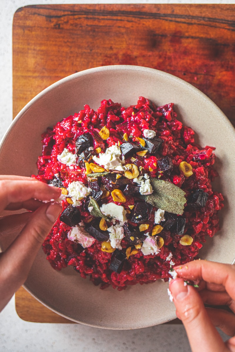 Beetroot Risotto with Feta, Crispy Sage Leaves & Toasted Hazelnuts - Georgie Eats