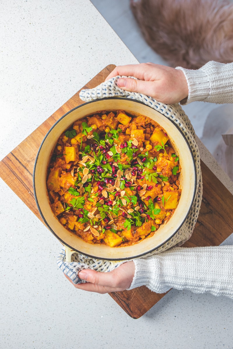 Vegan Root Vegetable Tagine with toasted almonds and pomegranate - Georgie Eats