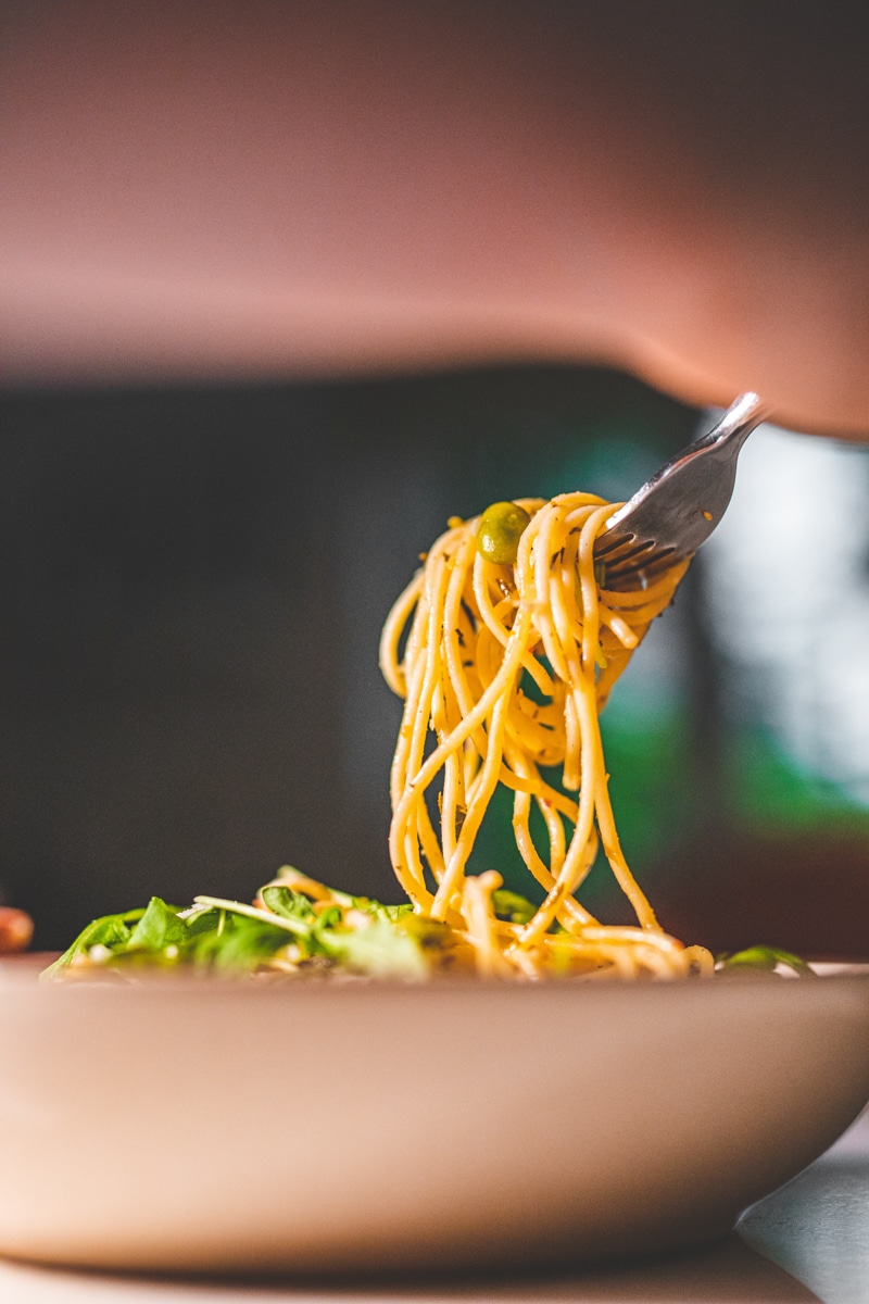A forkful of Broad Bean Spaghetti with Garlic, Chilli & Lemon - Georgie Eats